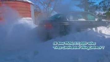 04 BMW 330XI E46 Vs. 3ft Snow Drift with Continental VikingContact 7 Tires