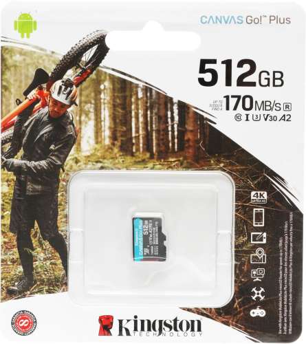 Карта памяти microSDXC UHS-I U3 Kingston Canvas Go! Plus 512 ГБ, 170 МБ/с, Class 10, SDCG3/512GBSP,  1 шт., без адаптера