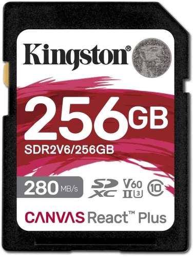 Карта памяти SDXC UHS-II Kingston Canvas React Plus 256 ГБ, 280 МБ/с, Class 10, SDR2V6/256GB,  1 шт., без адаптера