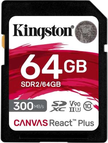 Карта памяти SDXC UHS-II U3 Kingston Canvas React Plus 64 ГБ, 300 МБ/с, 90X, Class 10, SDR2/64GB,  1 шт., без адаптера