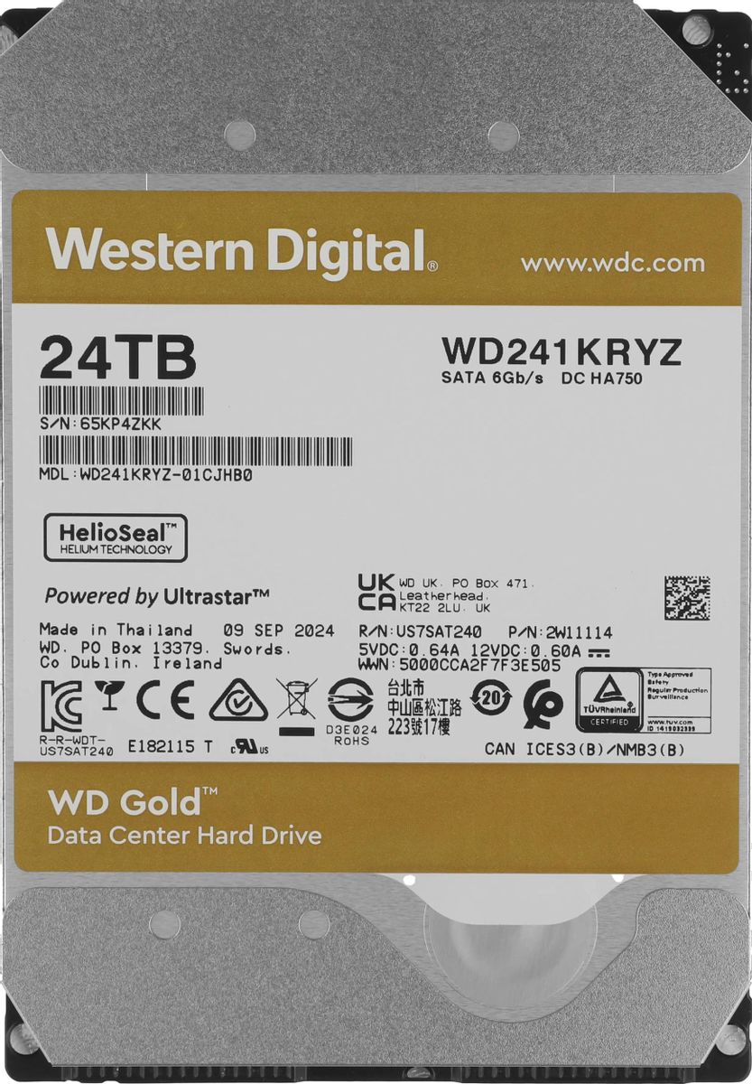 Жесткий диск WD Gold WD241KRYZ,  24ТБ,  HDD,  SATA III,  3.5"