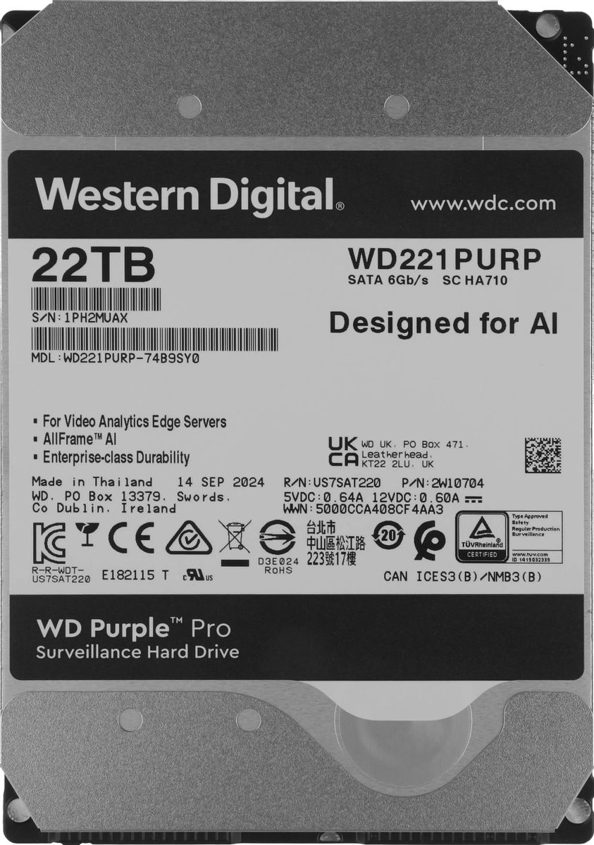 Жесткий диск WD Purple Pro WD221PURP,  22ТБ,  HDD,  SATA III,  3.5"