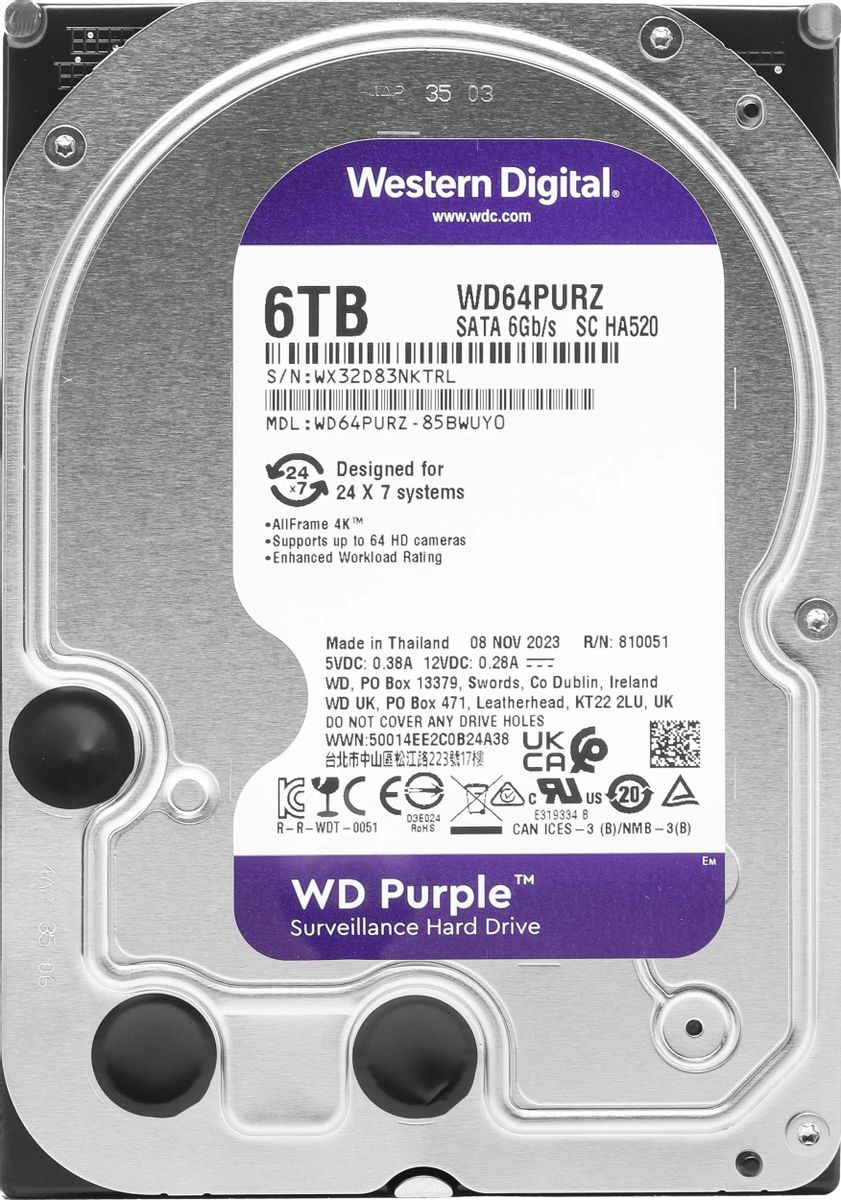 Жесткий диск WD Purple WD64PURZ,  6ТБ,  HDD,  SATA III,  3.5"