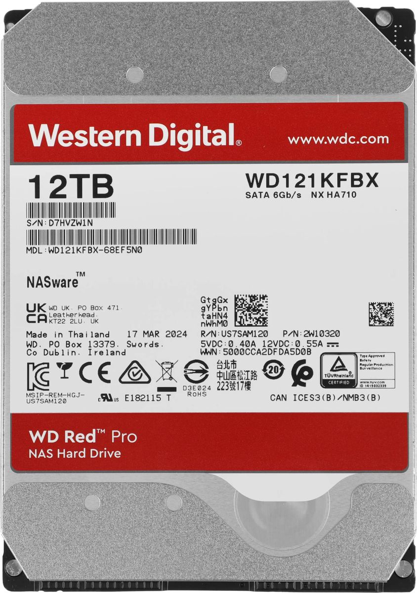 Жесткий диск WD Red Pro WD121KFBX,  12ТБ,  HDD,  SATA III,  3.5"