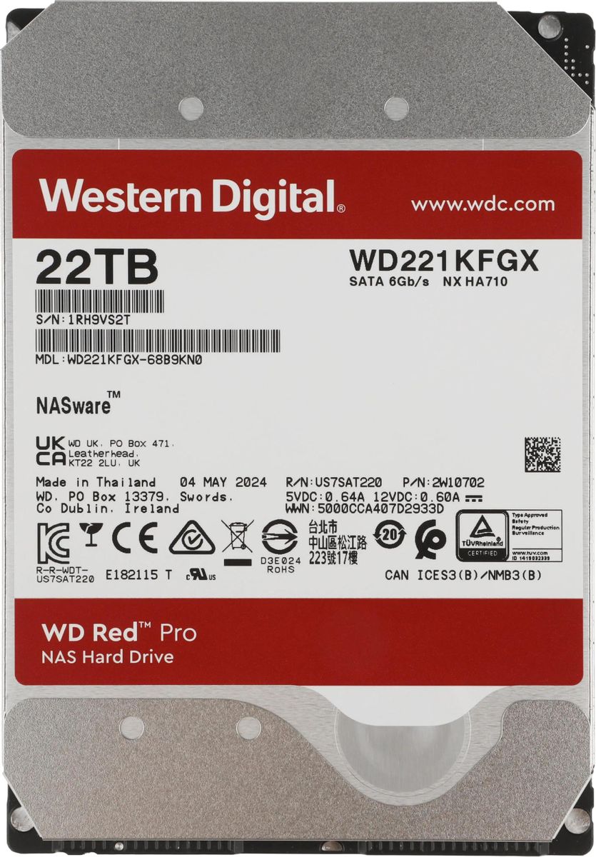 Жесткий диск WD Red Pro WD221KFGX,  22ТБ,  HDD,  SATA III,  3.5"