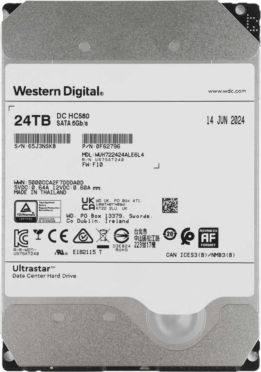 Жесткий диск WD Ultrastar DC HC580 WUH722424ALE6L4,  24ТБ,  HDD,  SATA III,  3.5"