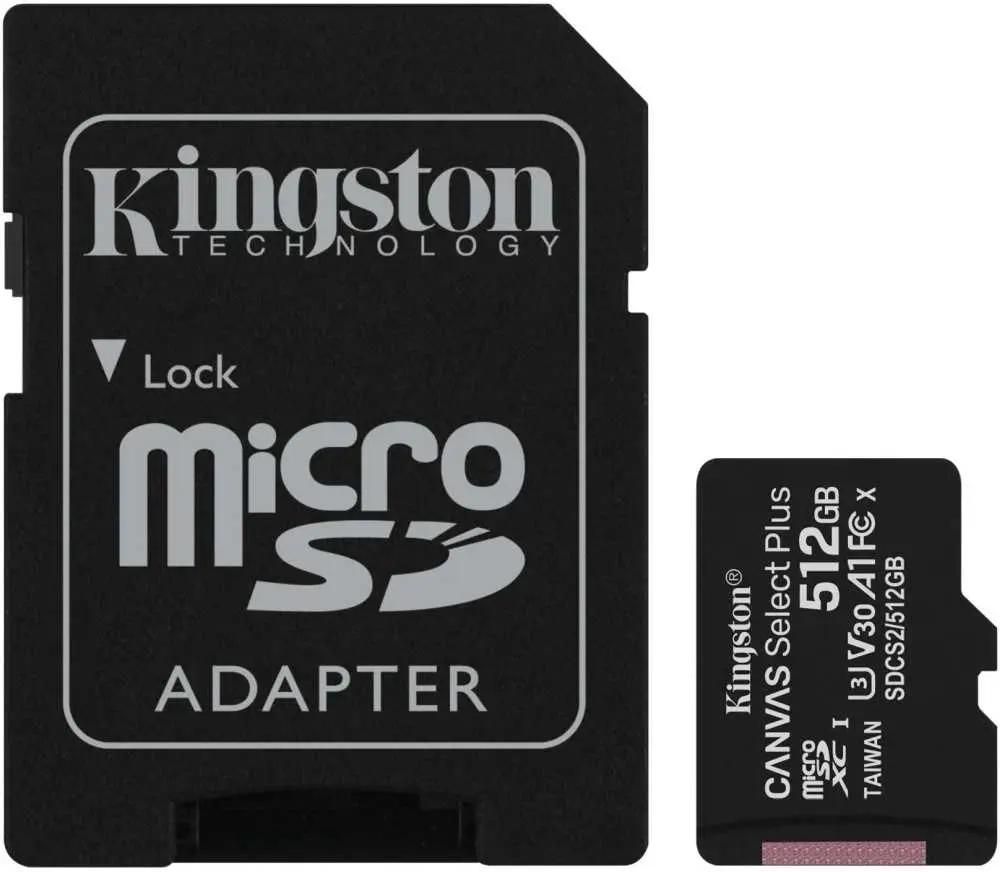 Карта памяти microSDXC UHS-I U3 Kingston Canvas Select Plus 512 ГБ, 100 МБ/с, SDCS2/512GB,  1 шт., переходник SD