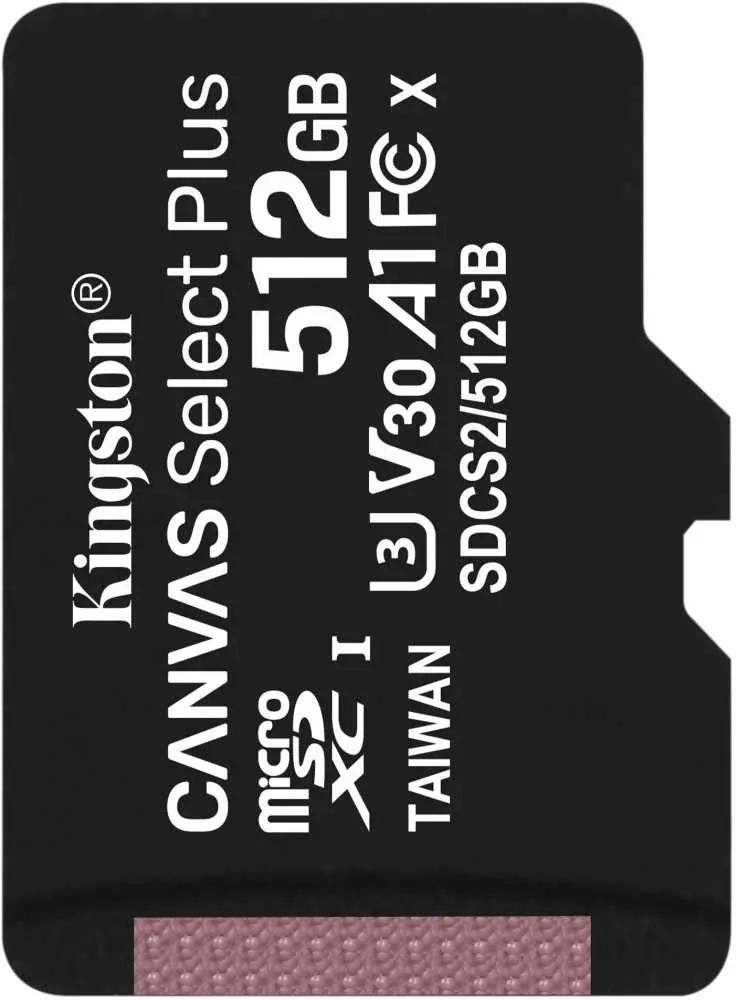 Карта памяти microSDXC UHS-I U3 Kingston Canvas Select Plus 512 ГБ, 100 МБ/с, SDCS2/512GBSP,  1 шт., без адаптера