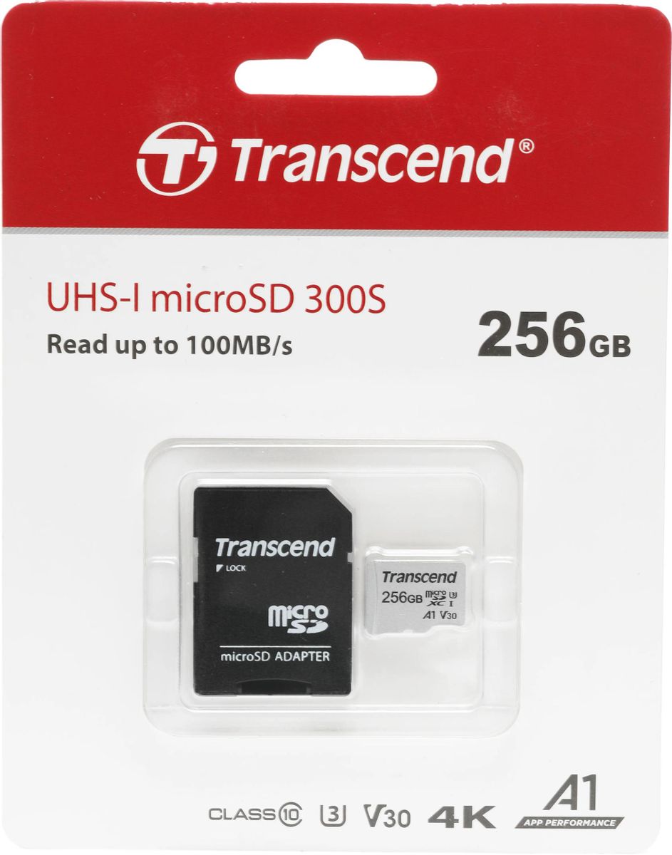 Карта памяти microSDXC UHS-I U3 Transcend 256 ГБ, 100 МБ/с, Class 10, TS256GUSD300S-A,  1 шт., переходник SD