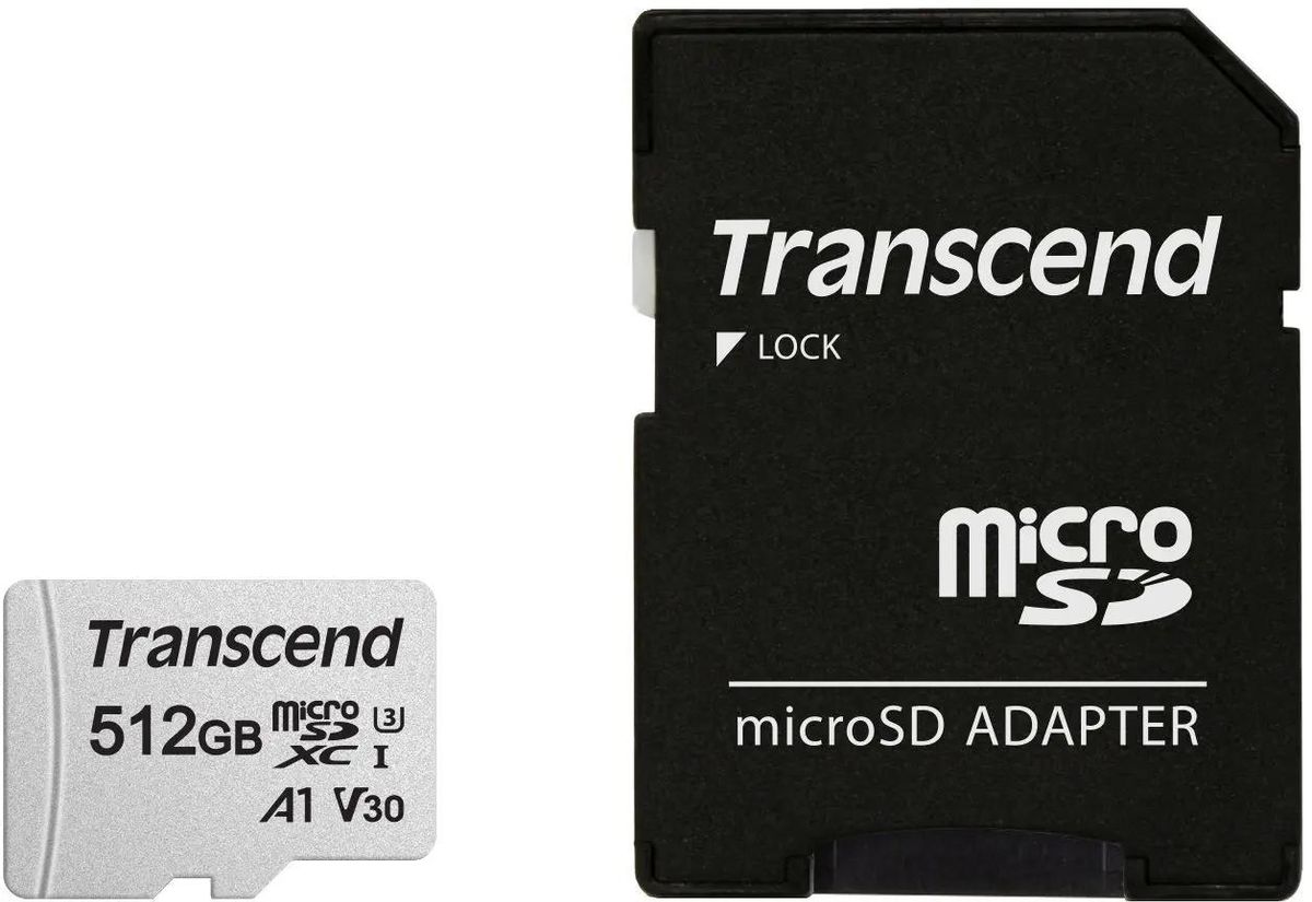 Карта памяти microSDXC UHS-I U3 Transcend 300S 512 ГБ, 100 МБ/с, Class 10, TS512GUSD300S-A,  1 шт., переходник SD