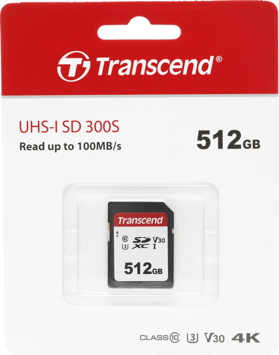 Карта памяти SDXC UHS-I U3 Transcend 512 ГБ, 100 МБ/с, Class 10, TS512GSDC300S,  1 шт., без адаптера