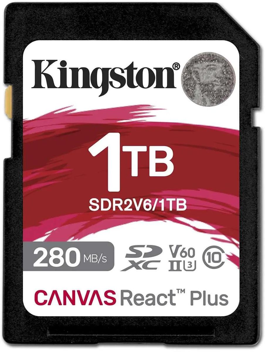 Карта памяти SDXC UHS-II Kingston Canvas React Plus 1024 ГБ, 280 МБ/с, Class 10, SDR2V6/1TB,  1 шт., без адаптера