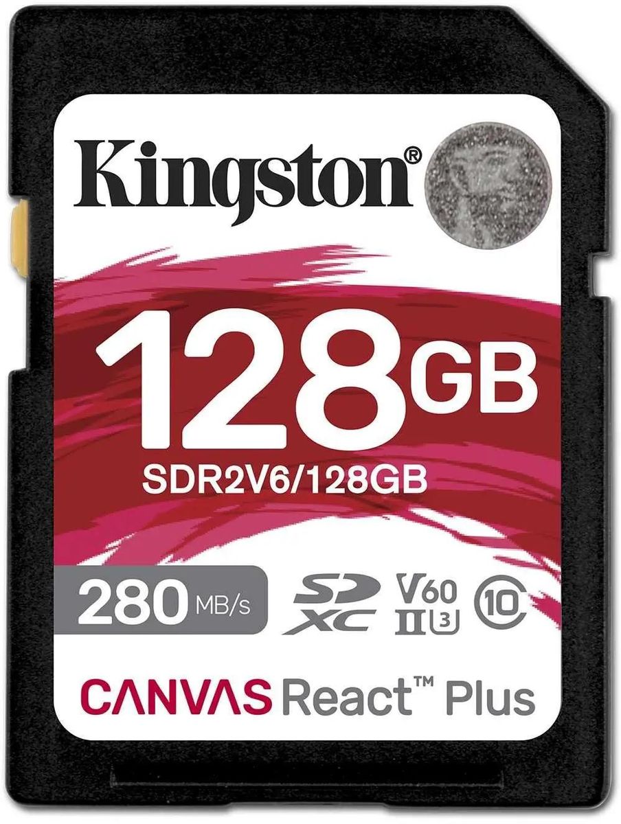 Карта памяти SDXC UHS-II Kingston Canvas React Plus 128 ГБ, 280 МБ/с, Class 10, SDR2V6/128GB,  1 шт., без адаптера