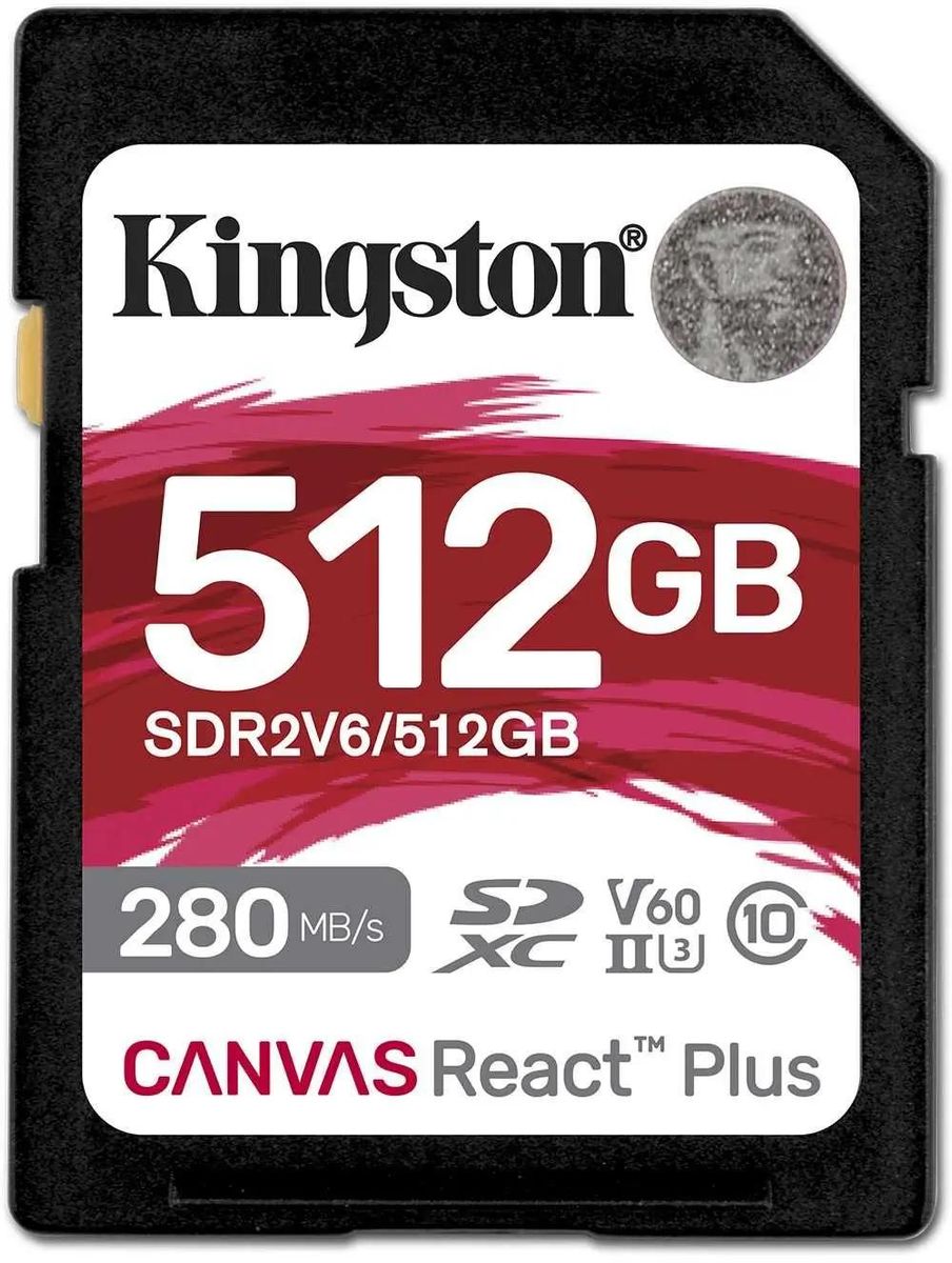 Карта памяти SDXC UHS-II Kingston Canvas React Plus 512 ГБ, 280 МБ/с, Class 10, SDR2V6/512GB,  1 шт., без адаптера