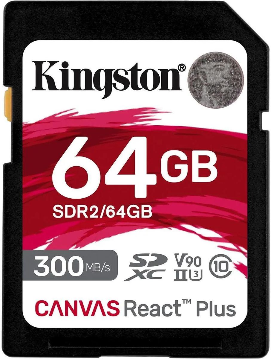 Карта памяти SDXC UHS-II U3 Kingston Canvas React Plus 64 ГБ, 300 МБ/с, 90X, Class 10, SDR2/64GB,  1 шт., без адаптера