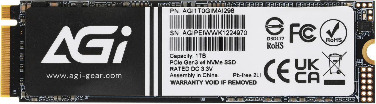 SSD накопитель AGI AI298 AGI1T0GIMAI298 1ТБ, M.2 2280, PCIe 3.0 x4,  NVMe,  M.2