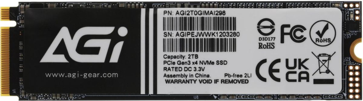 SSD накопитель AGI AI298 AGI2T0GIMAI298 2ТБ, M.2 2280, PCIe 3.0 x4,  NVMe,  M.2