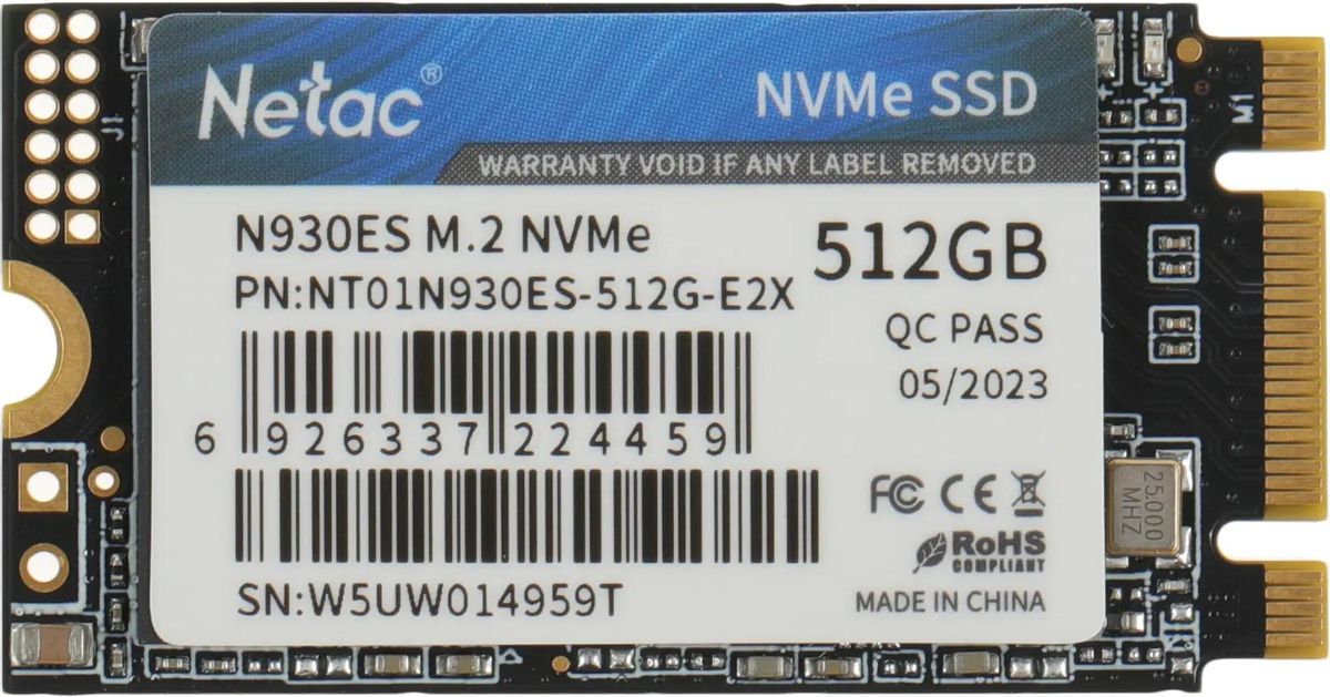 SSD накопитель NETAC N930ES NT01N930ES-512G-E2X 512ГБ, M.2 2242, PCIe 3.0 x2,  NVMe,  M.2