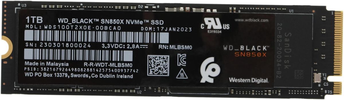 SSD накопитель WD Black SN850X WDS100T2X0E 1ТБ, M.2 2280, PCIe 4.0 x4,  NVMe,  M.2