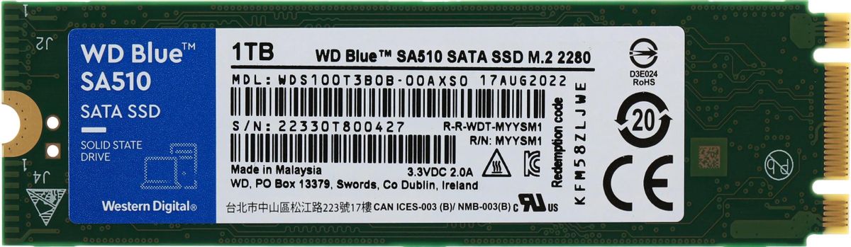 SSD накопитель WD Blue SA510 WDS100T3B0B 1ТБ, M.2 2280, SATA III,  M.2