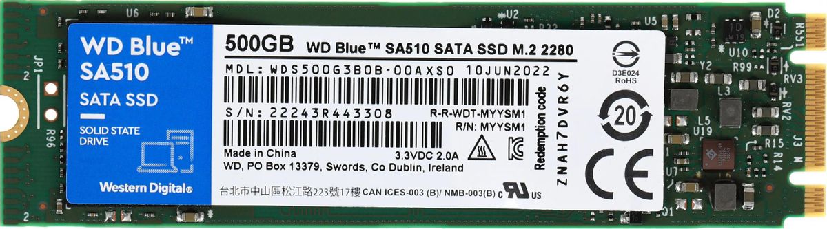 SSD накопитель WD Blue SA510 WDS500G3B0B 500ГБ, M.2 2280, SATA III,  M.2