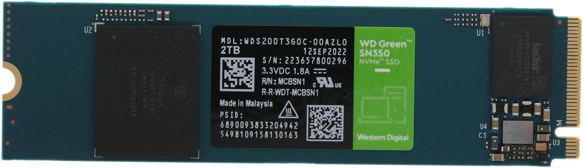 SSD накопитель WD Green SN350 WDS200T3G0C 2ТБ, M.2 2280, PCIe 3.0 x4,  NVMe,  M.2