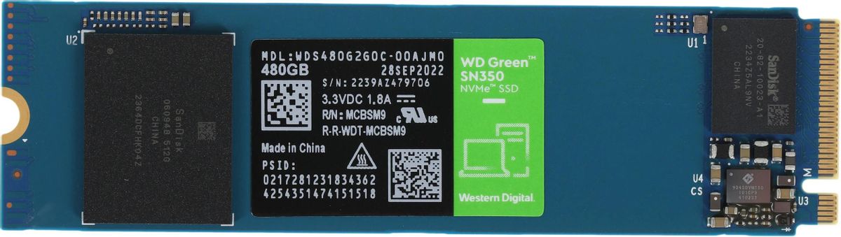 SSD накопитель WD Green SN350 WDS480G2G0C 480ГБ, M.2 2280, PCIe 3.0 x4,  NVMe,  M.2