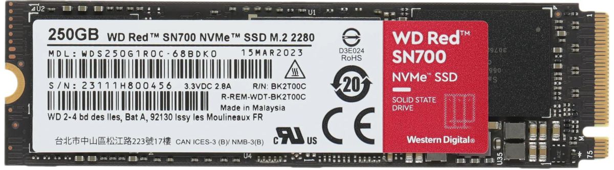 SSD накопитель WD Red SN700 WDS250G1R0C 250ГБ, M.2 2280, PCIe 3.0 x4,  NVMe,  M.2