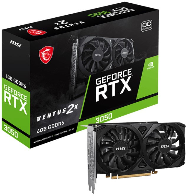 Видеокарта MSI NVIDIA  GeForce RTX 3050 RTX 3050 VENTUS 2X 6G OC 6ГБ Ventus 2X, GDDR6, OC,  Ret